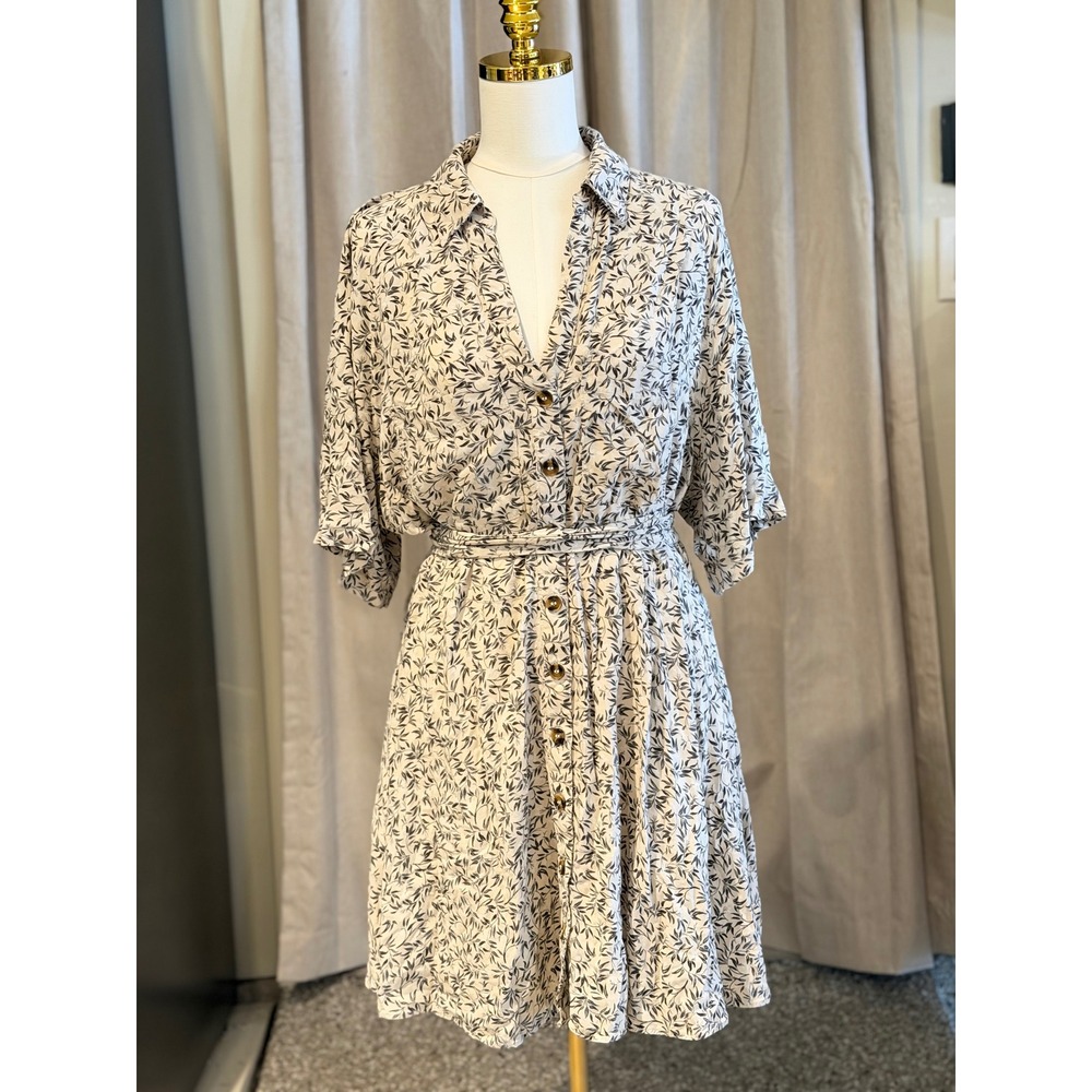 H&M Women XL Cream Black Leaf Print Button Down Belted Mini Shirt Dress